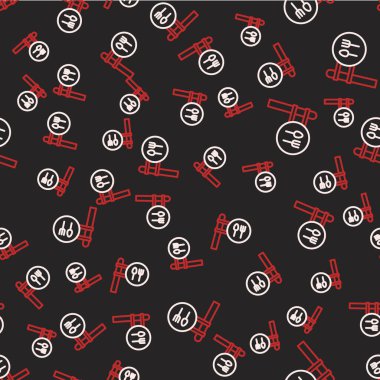 Line Cafe ve restoran konumu simgesi siyah arka planda izole edilmiş. Noktanın içinde çatal ve kaşık yeme işareti var. Vektör.