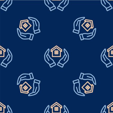Satır Evi 'nin el simgesi mavi arka planda izole edilmiş kusursuz desen. Sigorta konsepti. Güvenlik, güvenlik, koruma, konsept koruma. Vektör