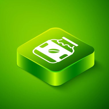 Isometric Coffee jar bottle icon isolated on green background. Green square button. Vector
