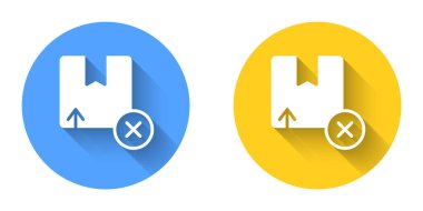 Uzun gölgeli beyaz karton kutu simgesi izole edildi. Kutu, paket, paket işareti. Teslimat ve ambalaj. Çember düğmesi. Vektör
