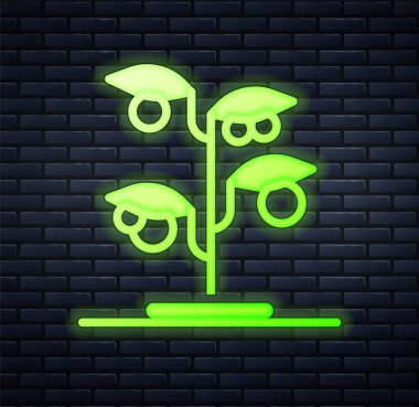 Parlayan neon filizi simgesi tuğla duvar arka planında izole edilmiş. Tohum ve tohum. İşaret bırakıyor. Yaprak doğası. Vektör