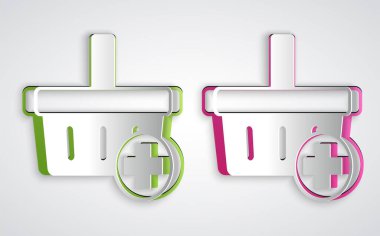 Paper cut Add to Shopping basket icon isolated on grey background. Online buying concept. Delivery service. Supermarket basket symbol. Paper art style. Vector