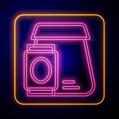 Parlayan neon çevrimiçi sipariş ve fast food dağıtım ikonu siyah arka planda izole edildi. Vektör