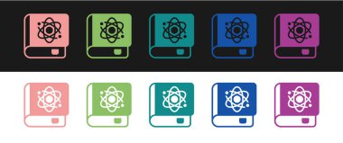 Set Book about physics icon isolated on black and white background. Vector
