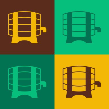 Sanatsal ahşap fıçı rafta ve renkli arka planda ikon izole edilmiş. Vektör