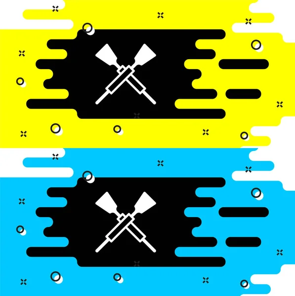 Icône de bateau à rames ou pagaies croisées blanches isolées sur fond noir. Vecteur — Image vectorielle