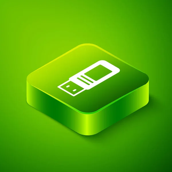 Icono de la unidad flash USB isométrica aislado sobre fondo verde. Botón cuadrado verde. Vector — Archivo Imágenes Vectoriales