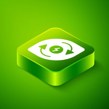 Isometric Water energy icon isolated on green background. Ecology concept with water droplet. Alternative energy concept. Green square button. Vector