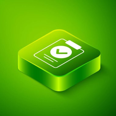 Isometric Medical prescription icon isolated on green background. Rx form. Recipe medical. Pharmacy or medicine symbol. Green square button. Vector