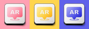 Isometric Augmented reality AR icon isolated on pink, yellow and blue background. Virtual futuristic wearable devices. Square button. Vector
