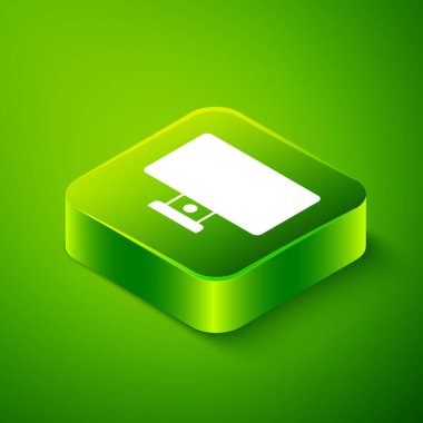 Isometric Bilgisayar monitörü simgesi yeşil arkaplanda izole edildi. Bilgisayar bileşeni işareti. Yeşil kare düğmesi. Vektör