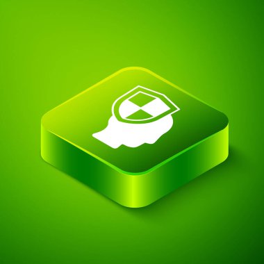 Yeşil arka planda kalkan simgesi olan Isometric Hayat Sigortası. Güvenlik, güvenlik, koruma, konsept koruma. Yeşil kare düğmesi. Vektör