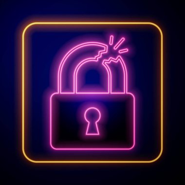 Glowing neon Broken or cracked lock icon isolated on black background. Unlock sign. Vector