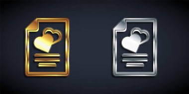Gold and silver Marriage contract icon isolated on black background. Wedding certificate. Long shadow style. Vector