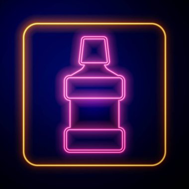Parlayan neon gargara plastik şişe ikonu siyah arka planda izole edilmiş. Ağzını çalkalamak için sıvı. Ağız bakım ekipmanları. Vektör