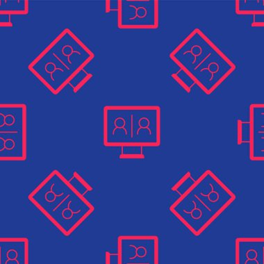 Kırmızı görüntülü sohbet konferansı simgesi mavi arkaplanda izole edilmiş kusursuz desen. Çevrimiçi iş görüşmesi formu. Uzak proje yönetimi. Vektör