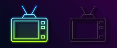 Parlayan neon hattı Retro TV simgesi siyah arkaplanda izole edildi. Televizyon tabelası. Vektör