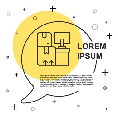 Beyaz arka planda izole edilmiş siyah çizgi ambar içi raflardaki kutular. Lojistik, kargo, paket depolama posta servisi. Rastgele dinamik şekiller. Vektör