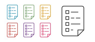 Beyaz arkaplanda kontrol listesi simgesi izole edilmiş çizgi panosunu ayarla. Kontrol listesi sembolü. Anket anketi ya da anket geri bildirim formu. Simgeleri renklendirin. Vektör