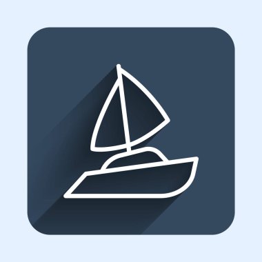 Beyaz çizgili yelkenli ya da uzun gölgeli gemi ikonu. Yelkenli deniz seyahati. Mavi kare düğme. Vektör