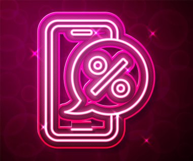 Glowing neon line Percent discount on mobile phone icon isolated on red background. Sale percentage - price label, tag. Vector