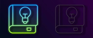 Parlayan neon hattı Kullanıcı elle simgesi siyah arkaplanda izole edildi. Kullanıcı rehberi kitabı. Talimat işareti. Kullanmadan önce oku. Vektör