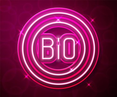 Glowing neon line Banner, label, tag, logo for bio green healthy food icon isolated on red background. Organic product. Healthy food sticker. Vector