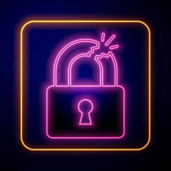 Glowing neon Broken or cracked lock icon isolated on black background. Unlock sign. Vector — Vettoriale Stock