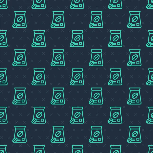 Yeşil çizgi kahve çekirdeği ikonu torbası mavi arka planda izole edilmiş pürüzsüz desen. Vektör