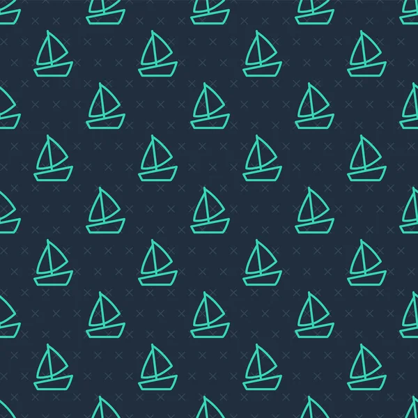 Grüne Linie Yacht Segelboot oder Segelschiff Symbol isoliert nahtlose Muster auf blauem Hintergrund. Segel-Boot-Kreuzfahrt. Vektor — Stockvektor