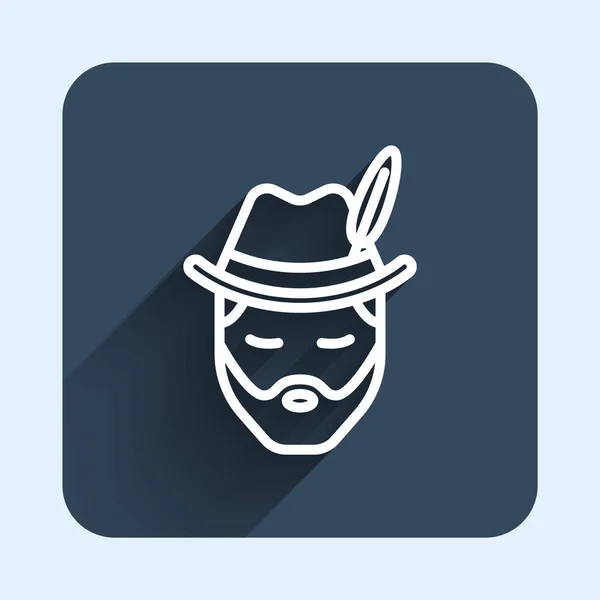 White line Man dressed for German Oktoberfest icon isolated with long shadow background. Blue square button. Vector — Stok Vektör