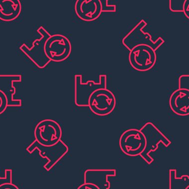 Geri dönüşüm simgesiyle kırmızı çizgi kâğıt alışveriş torbası siyah arkaplanda izole edilmiş kusursuz desen. Geri dönüşüm sembollü çanta. Vektör