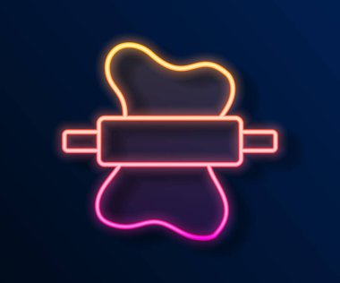 Parlak neon çizgisi, siyah arkaplanda izole edilmiş hamur simgesinde yuvarlanan iğne. Vektör