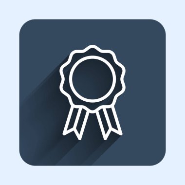 Diploma ikonu uzun gölgeli beyaz çizgi çevrimiçi eğitim. Diplomanı evde internetten aldım. Giyinme ve video semineri öğrenme. Mavi kare düğme. Vektör