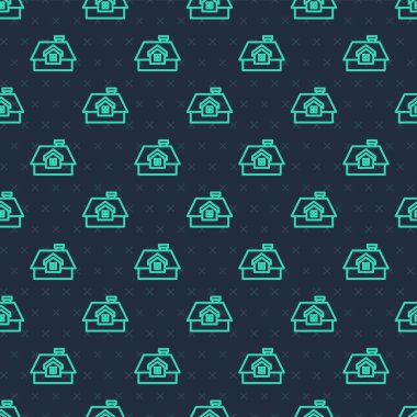 Green line House icon isolated seamless pattern on blue background. Home symbol. Vector