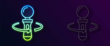 Parlayan neon hattı VR denetleyici oyun simgesi siyah arkaplanda izole edildi. Sanal gerçeklik deneyimi, mevcudiyet hissi, konum takip teknolojisi cihazı. Vektör