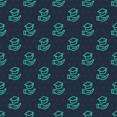 Green line Education grant icon isolated seamless pattern on blue background. Tuition fee, financial education, budget fund, scholarship program, graduation hat. Vector