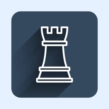 Beyaz çizgi satranç ikonu uzun gölge arkaplan izole. İş stratejisi. Oyun, yönetim, finans. Mavi kare düğme. Vektör