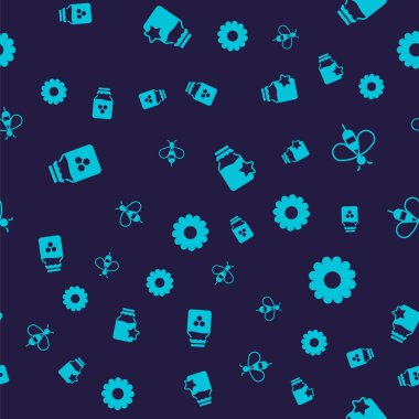 Kavanoz dolusu bal, arı ve çiçeği kusursuz desene ayarlayın. Vektör