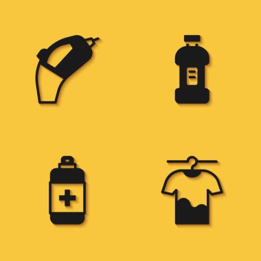 Set Portable vacuum cleaner, Drying clothes, Antibacterial soap and Bottle for detergent icon with long shadow. Vector