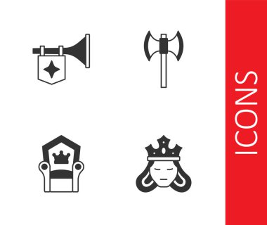 Set Princess or queen, Trumpet with flag, Medieval throne and poleaxe icon. Vector