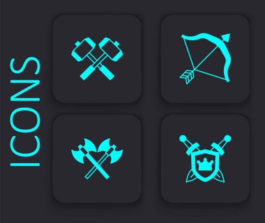 Set Shield with swords, Crossed battle hammers, Medieval bow and arrow and medieval axes icon. Black square button. Vector