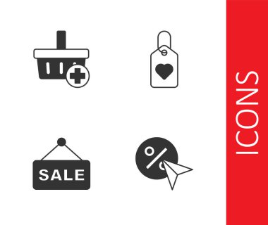İndirim yüzde etiketini ayarla, Alışveriş sepetine ekle, Satış ve Kalp simgesi ile asma işareti yap. Vektör