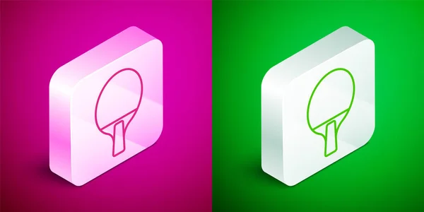 Isometric line Racket for playing table tennis icon isolated on pink and green background. Silver square button. Vector — Stock Vector
