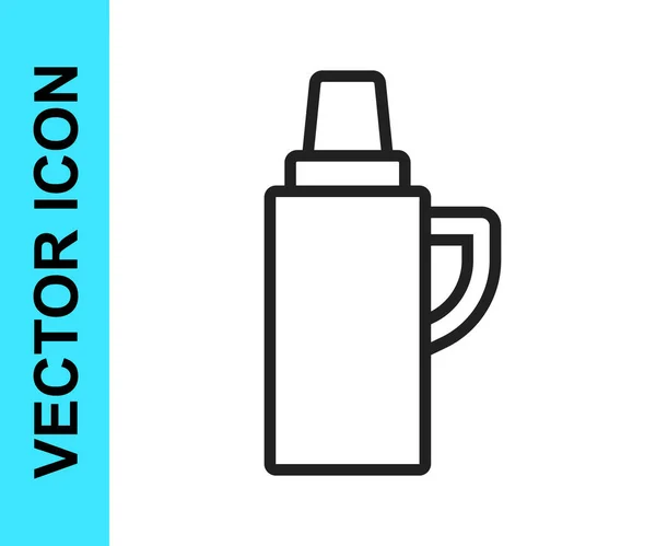 Línea negra Icono del contenedor Thermos aislado sobre fondo blanco. Icono de termo frasco. Equipo de camping y senderismo. Vector — Vector de stock