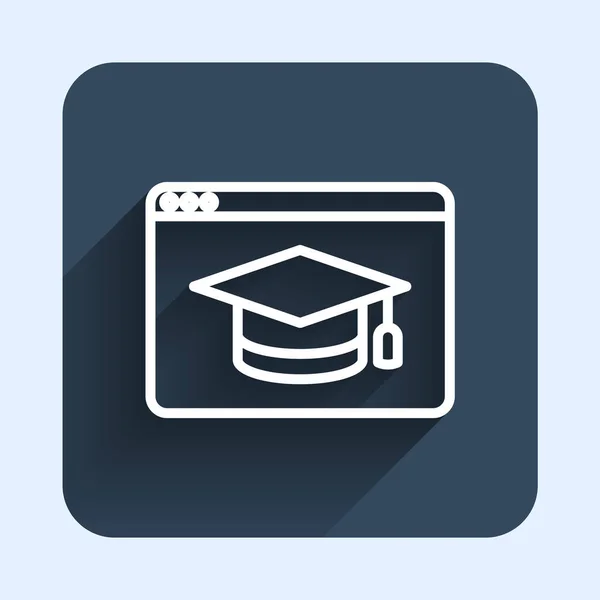 White line Online education and graduation icon isolated with long shadow background. Online teacher on monitor. Webinar and video seminar learning. Blue square button. Vector — Stock Vector