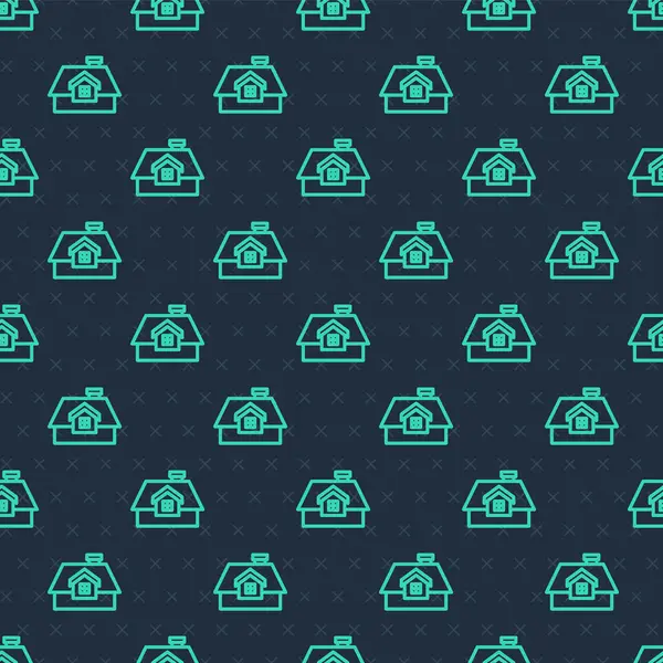 Green line House icon isolated seamless pattern on blue background. Home symbol. Vector — Vetor de Stock