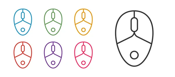 Establecer línea icono de juego del ratón de ordenador aislado sobre fondo blanco. Óptica con símbolo de rueda. Establecer iconos de colores. Vector — Archivo Imágenes Vectoriales