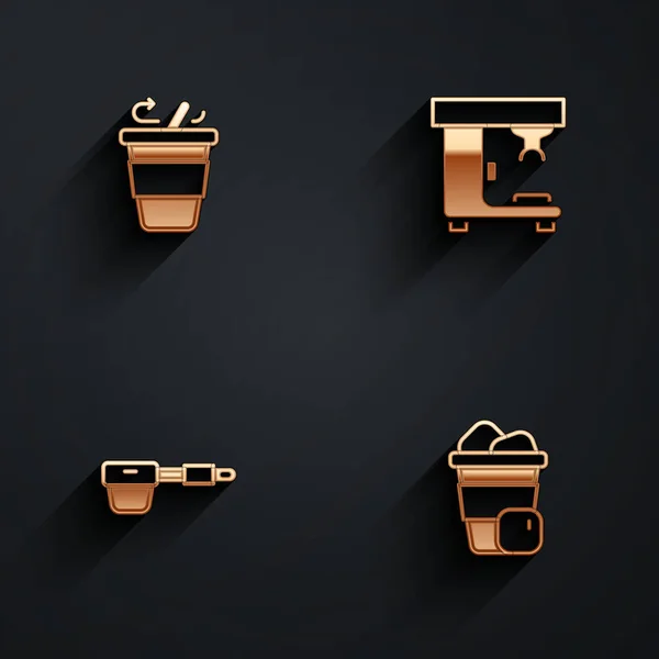 Set Coffee cup to go, machine, filter holder and Iced coffee icon with long shadow. Vector —  Vetores de Stock