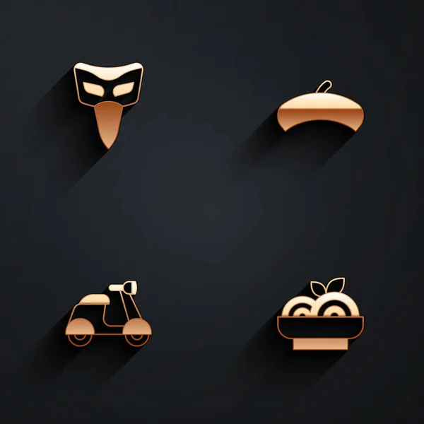 Set Karnevalsmaske, französische Baskenmütze, Roller und Pasta Spaghetti-Ikone mit langem Schatten. Vektor — Stockvektor